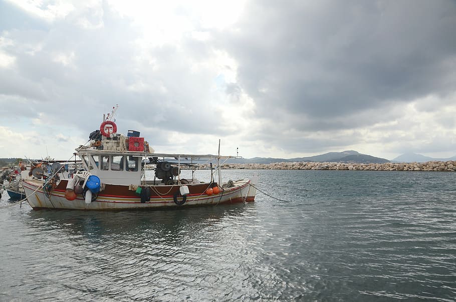 ship, port, clouds, boat, catch, fish, view, sea, haven, nautical Vessel HD wallpaper