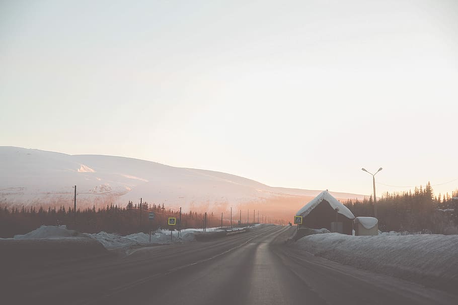 landscape photo of empty road, snow covered house near road, open road, HD wallpaper