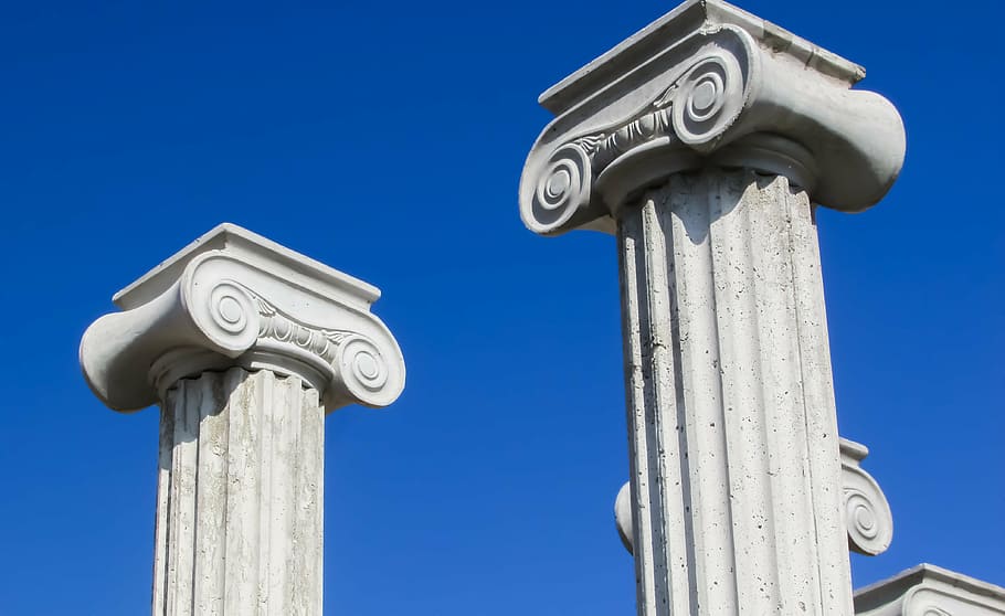 two white columns, pillar capitals, greek, architecture, ionic, HD wallpaper