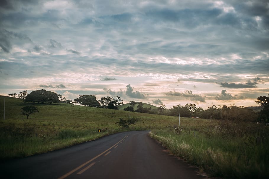 road, landscape, clouds, field, countryside, daylight, grass HD wallpaper