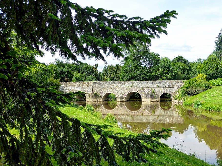 bridge, stone, ploermel, arches, river, architecture, structure HD wallpaper