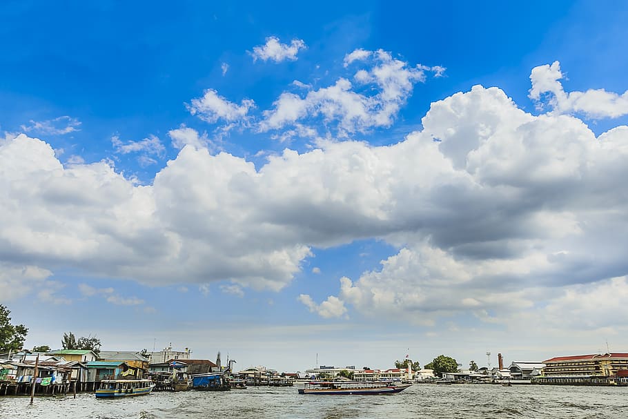 tags cloud, water, clouds, ocean, sky, horizon, blue, white HD wallpaper