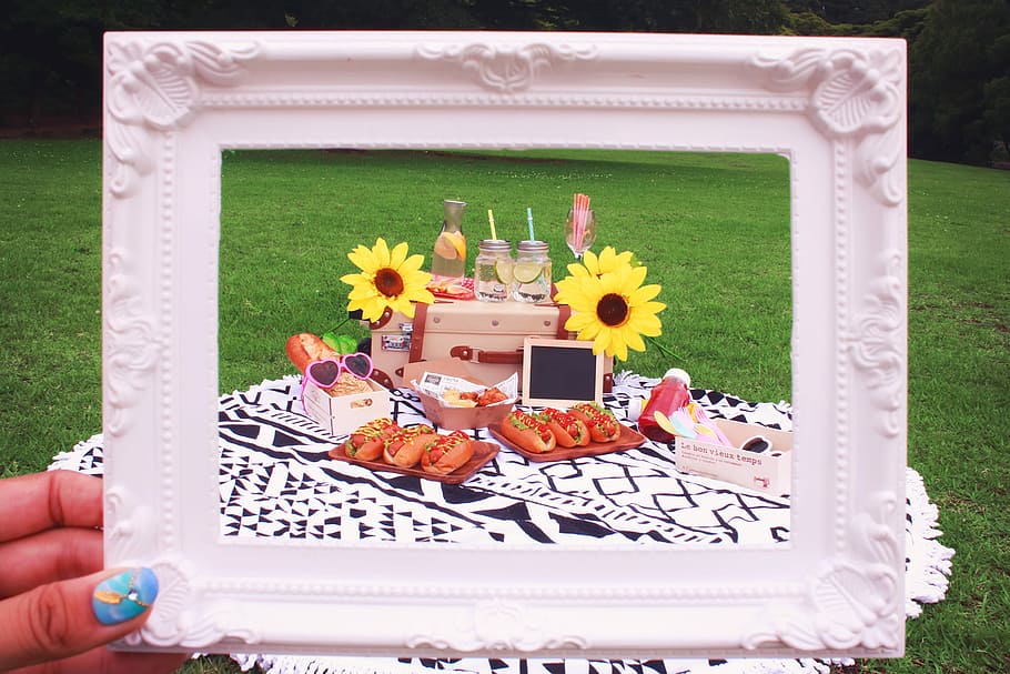 person holding rectangular white photo frame in front of varieties of foods and sandwiches HD wallpaper