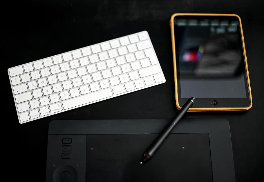 black iPad and Apple Magic Keyboard, technology, pen, screen HD wallpaper