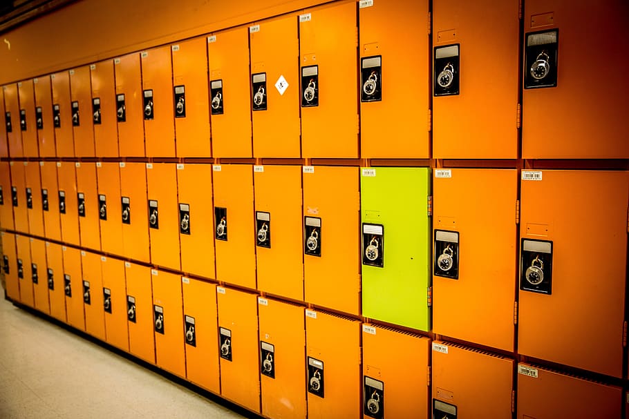 orange steel lockers, gray, metal, odd, different, row, difference, HD wallpaper