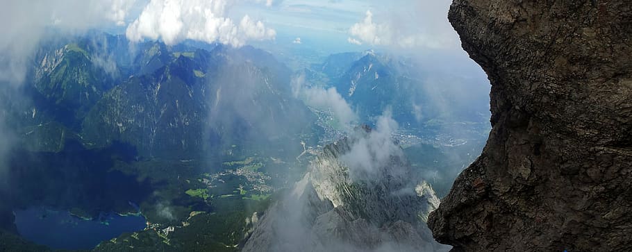 area view of mountain, zugspitze, rock, sky, face, fog, water
