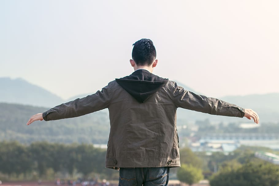 the rooftop, go, balance, rear view, one person, arms outstretched HD wallpaper