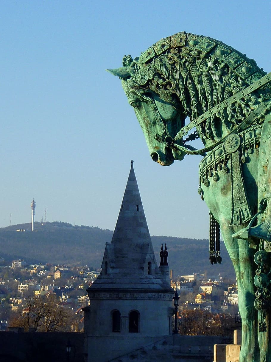 budapest, castle area, st stephen's, king, horse, statue, blue sky HD wallpaper