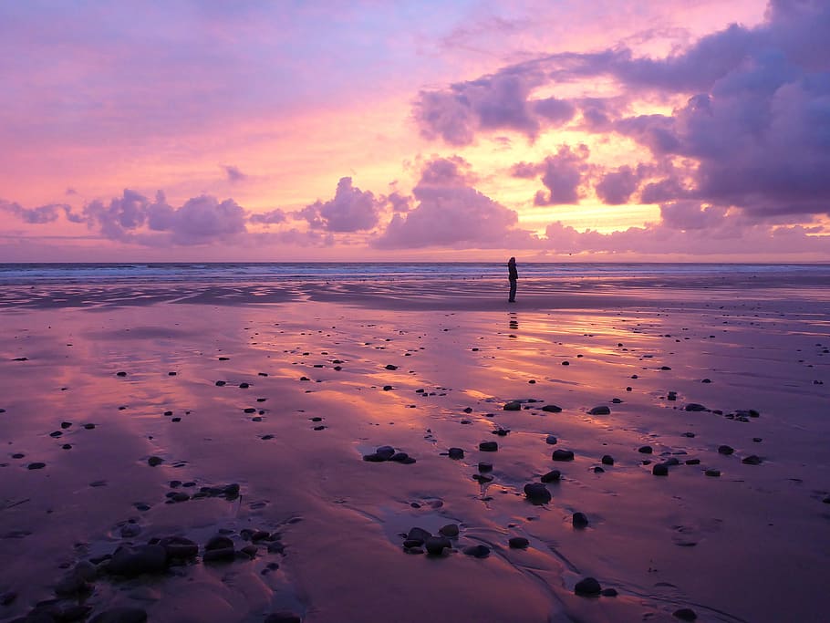 water, beach, sunset, sand, serenity, mindful, sea, nature HD wallpaper