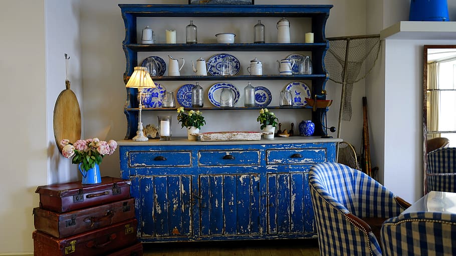 blue wooden sideboard with rack near chairs, home, interior HD wallpaper