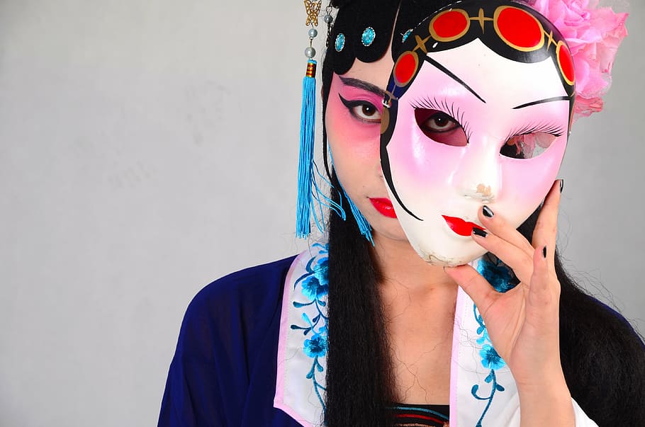 woman wearing black top, beijing opera, mask, china, makeup, like me, HD wallpaper