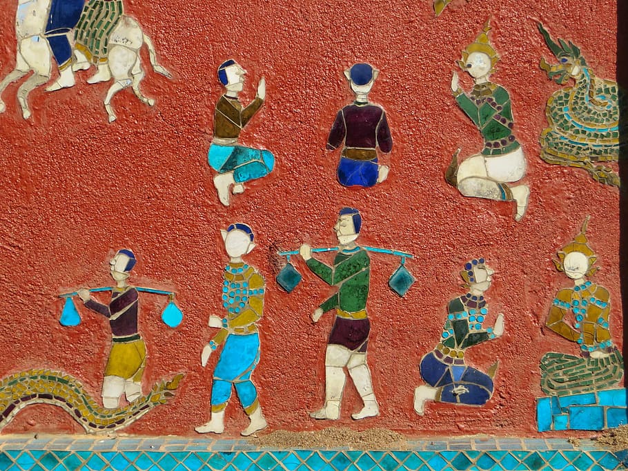 laos, luang prabang, vat sen soukharam, mosaic, mural, characters, HD wallpaper