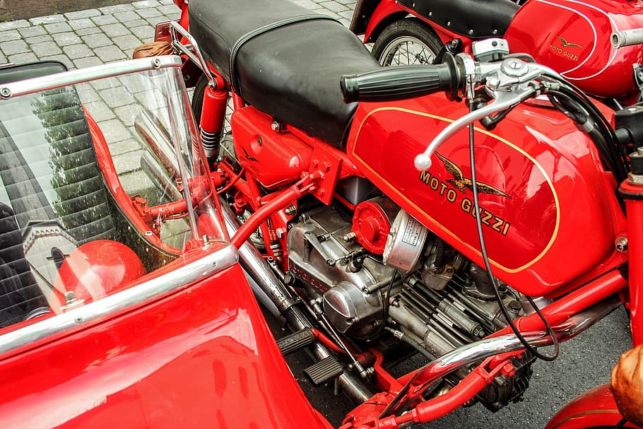 motorcycle, motoguzzi, oldtimer, sidecar, red, transportation HD wallpaper