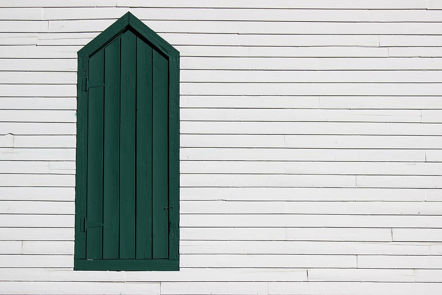 green wooden window, door, symmetry, wall, architecture, art, HD wallpaper