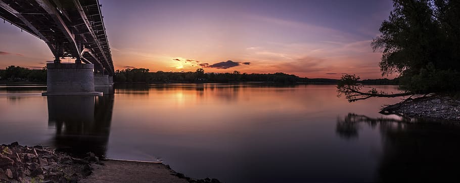 backlit, bridge, dawn, dusk, evening, lake, landscape, light HD wallpaper