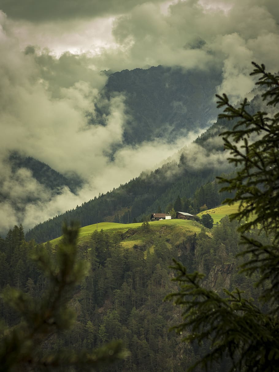 mountains, clouds, sky, landscape, nature, forest, trees, hill HD wallpaper