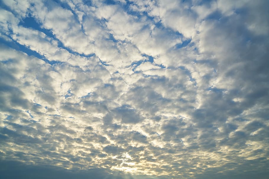 bright cloudy sky, blue, nature, solar, summer, clouds, sunset HD wallpaper