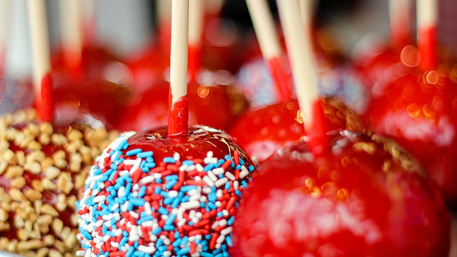 candy, apples, red, sweet, dessert, stick, sugar, colorful HD wallpaper