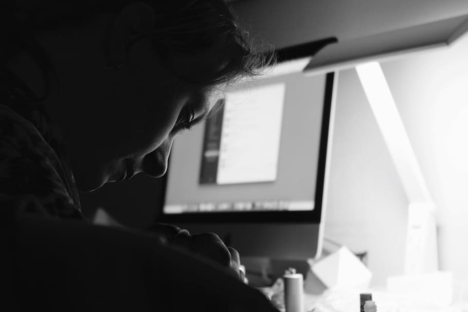 apple, black-and-white, computer, imac, overtime, screen, woman HD wallpaper