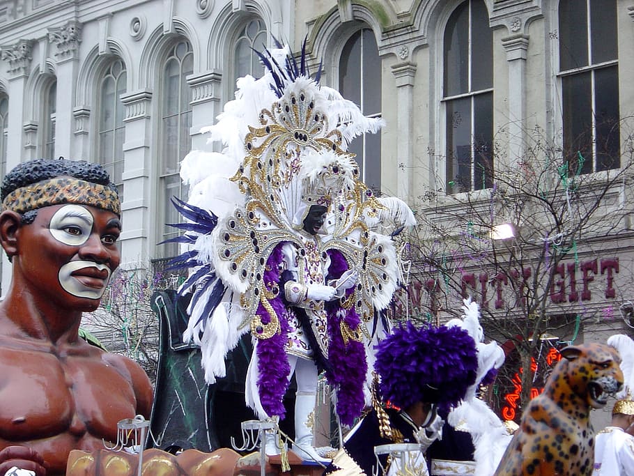costume parade on road, mardi gras, zulu, king, new orleans, carnival