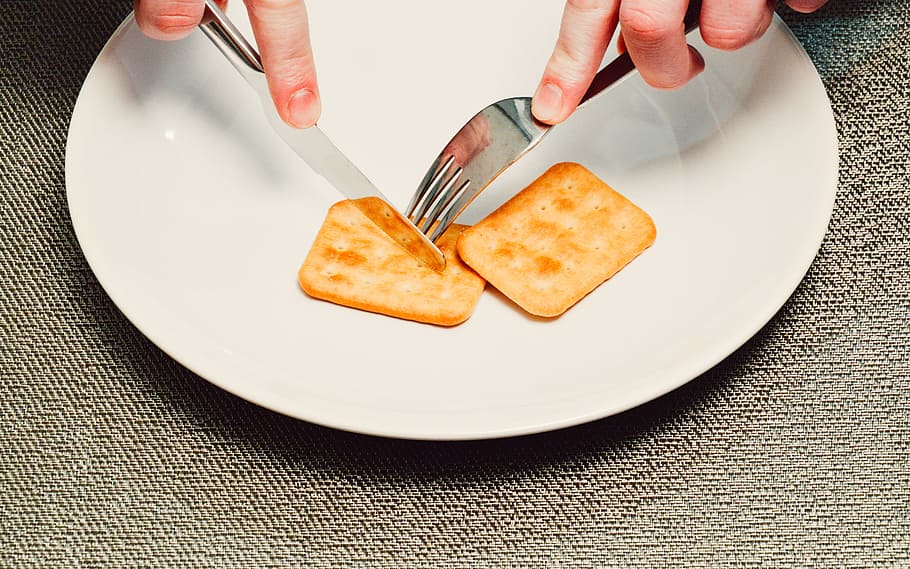 crackers, snack, food, fork, knife, plate, human hand, human body part HD wallpaper