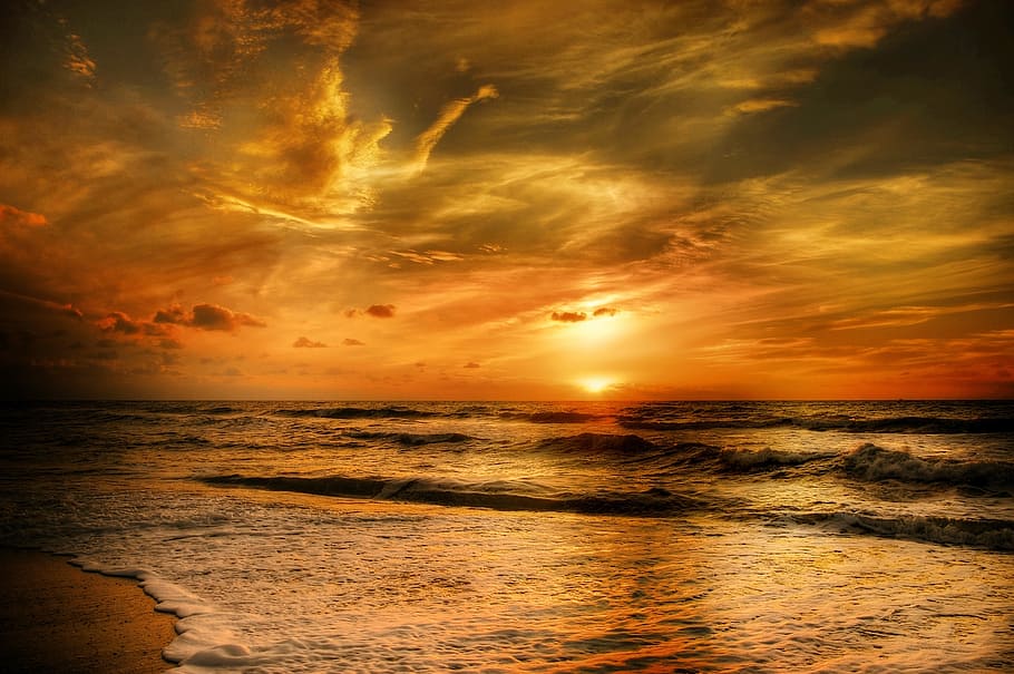 body of water during golden hour, denmark, sun, beach, summer HD wallpaper