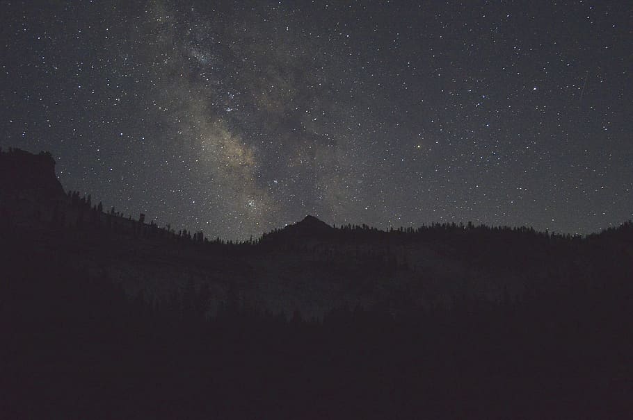 silhouette of tree and mountain during nighttime, dark, star HD wallpaper