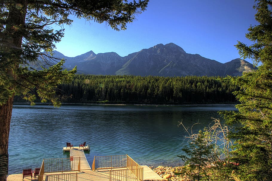 Alberta, Canada, Mountains, Lake, Water, forest, trees, pier HD wallpaper