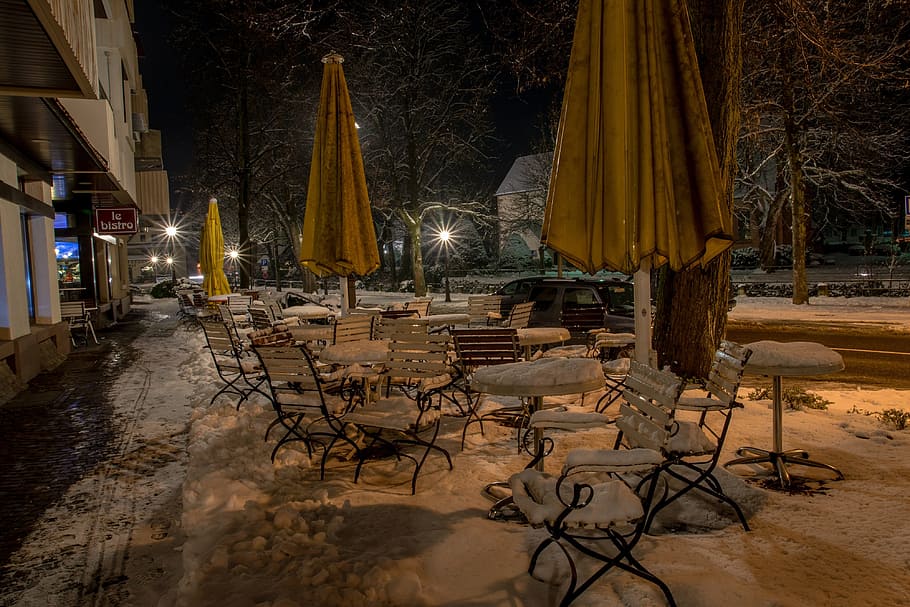 Bistro, Snow, Winter, Wintry, White, cold, back light, snowy HD wallpaper