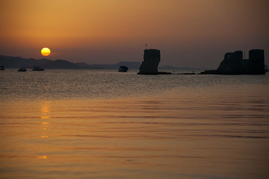 sunset, sea, beach, orange, water, landscape, view, colors HD wallpaper