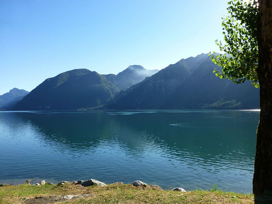 Lake, View, Water, Mirroring, itrosee, italy, mountains, landscape HD wallpaper