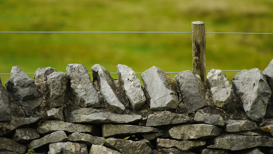 gray piled stones, gray stack of gray stones, fence, wall, rock, HD wallpaper