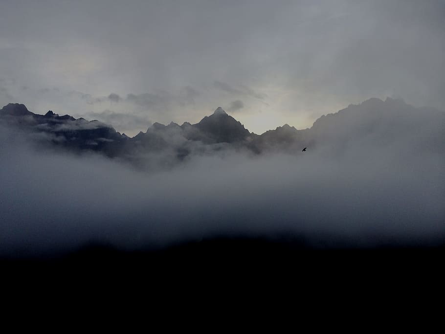dark nimbus clouds, aerial view of mountains and clouds, Cloudy HD wallpaper