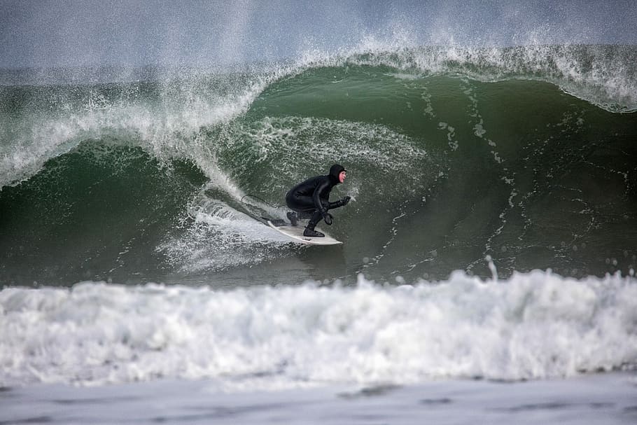person surfing using white surfboard, man surfing on waves, sea HD wallpaper