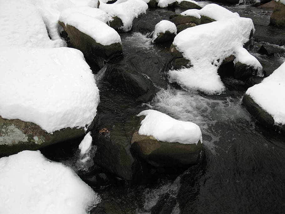 winter, brook, rocks, cold, white, creek, outdoor, natural HD wallpaper