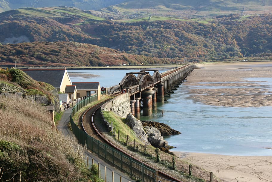 railway, bridge, wales, water, mountain, architecture, built structure