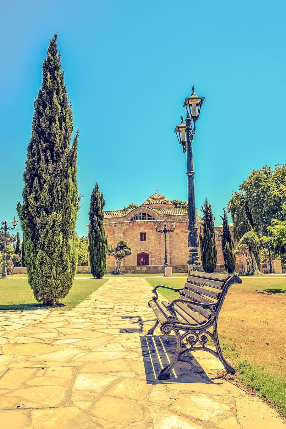 Bench, Lamp, Square, Park, Church, architecture, angeloktisti HD wallpaper