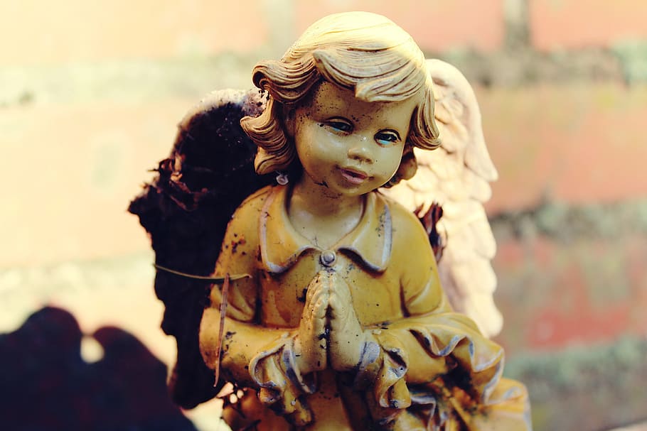 yellow dressed angel figurine, statue, figure, wing, cemetery HD wallpaper