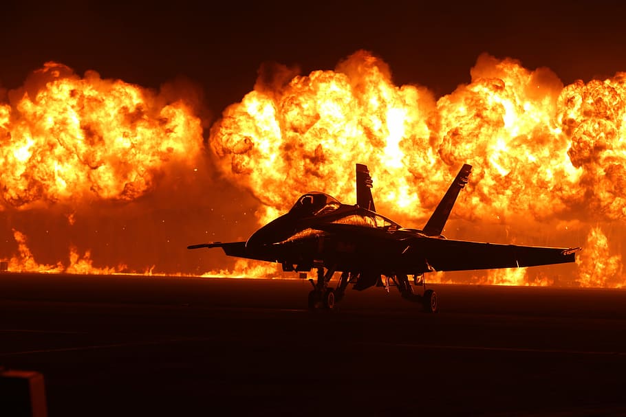air show flames, pyrotechnics, airplane, jet, blue angels, f-18, HD wallpaper
