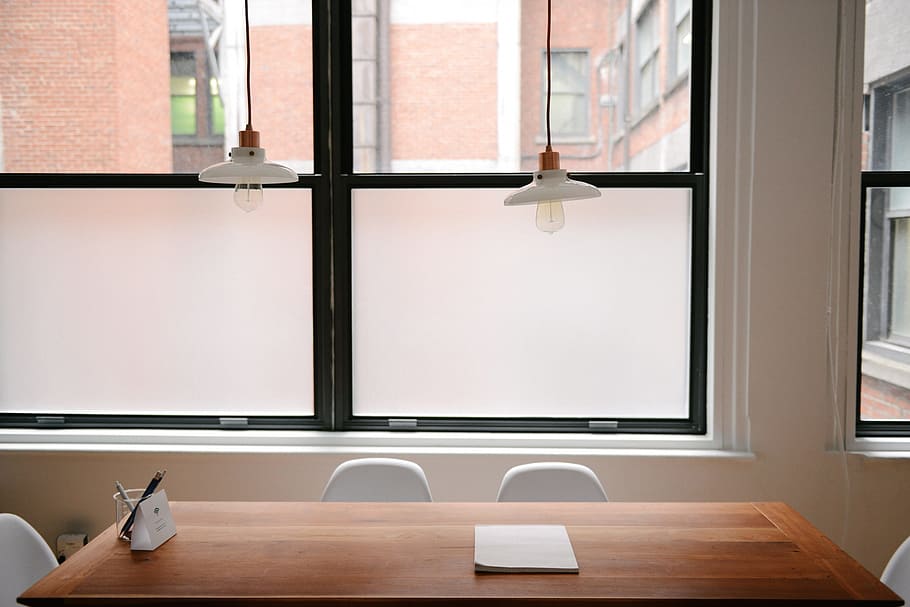 white printing paper on brown wooden desk, notepad, table, chairs HD wallpaper