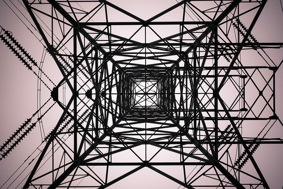 black electrical tower, black and white abstract sketch, electricity HD wallpaper