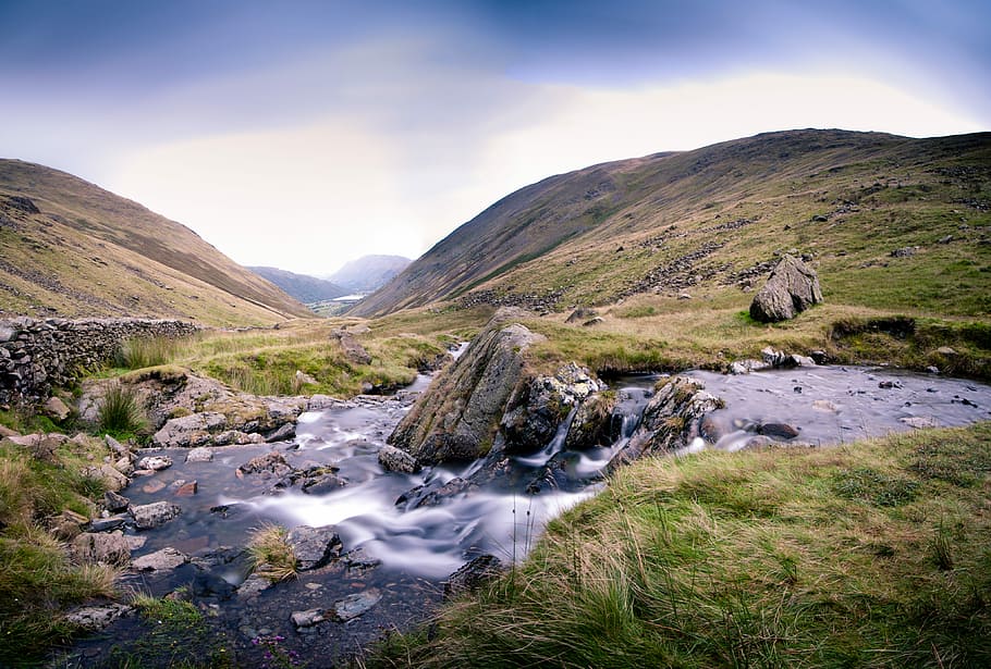 Away down the Pass, river near mountains, waterfall, stone, hillside HD wallpaper