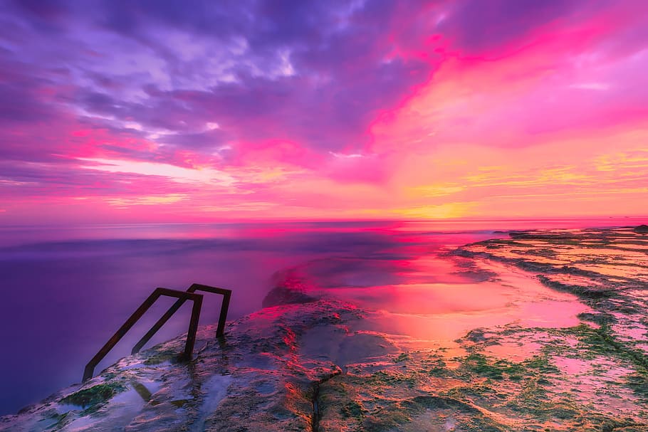 body of water during golden hour poster, spain, sunset, sky HD wallpaper