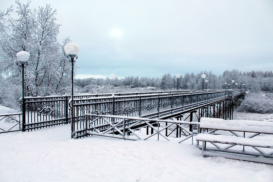 Winter, Bridge, Ice, Snow, River, landscape, city, cold, white HD wallpaper