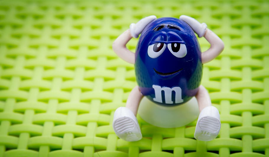 blue M&M's figurine sitting on stool], obesity, candies, glutton HD wallpaper