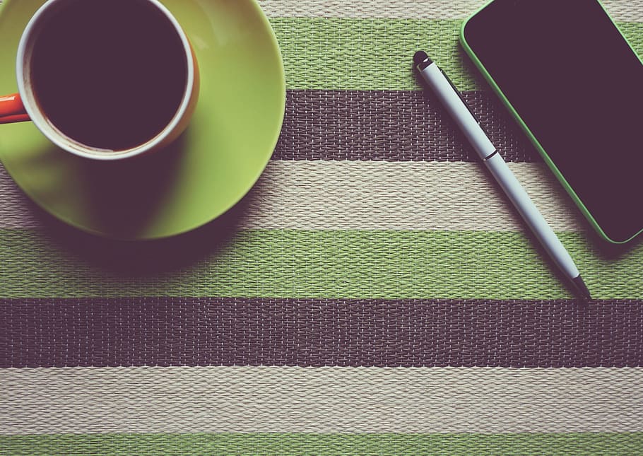 green smartphone near white pen, coffee, notebook, wooden, background HD wallpaper