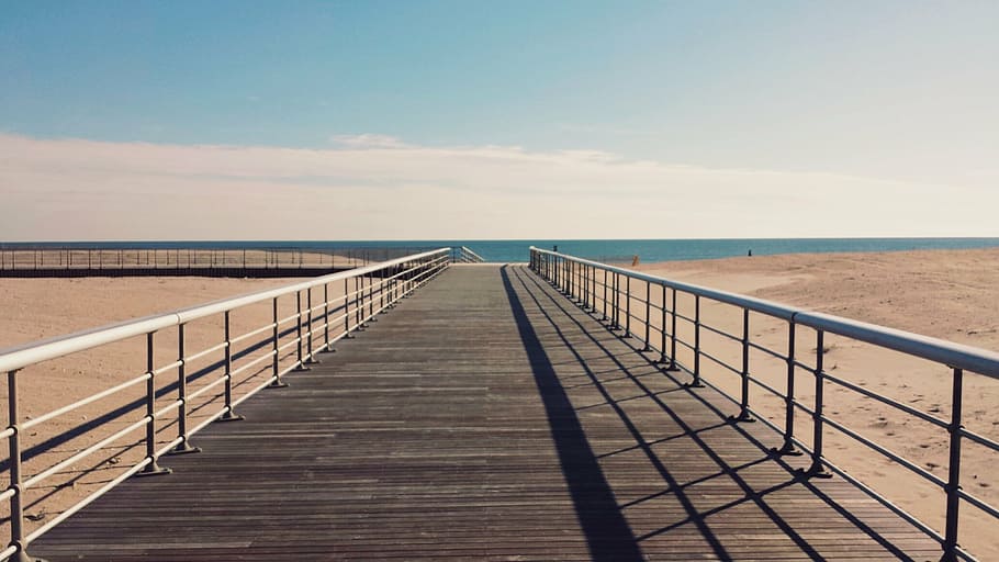 gray wooden dock near ocean, brown, hall, way, sand, day, time HD wallpaper