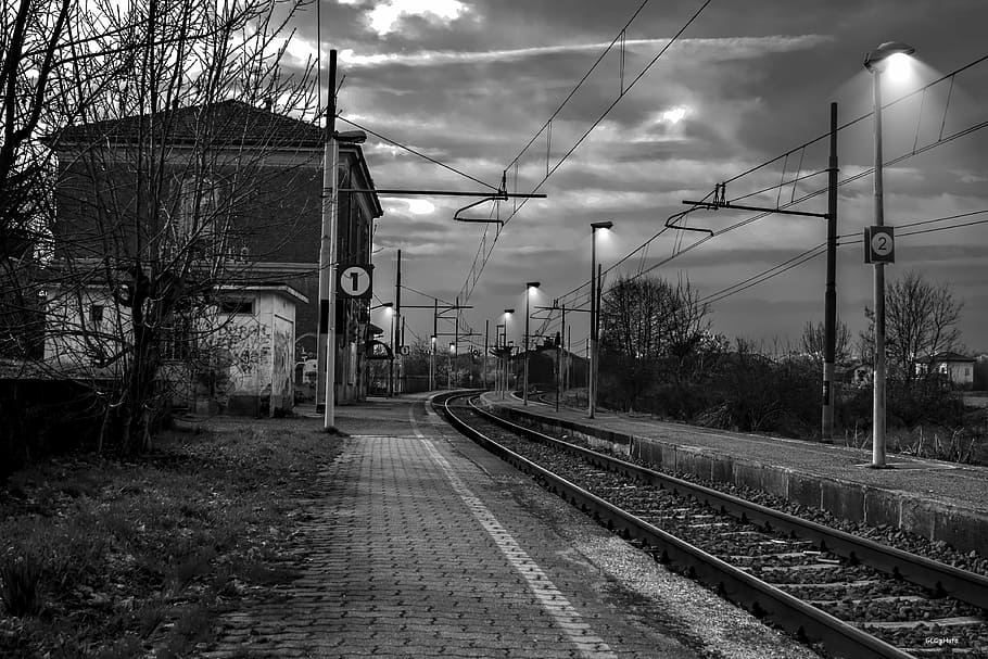 grayscale photography of train station, rails, railroad Track HD wallpaper