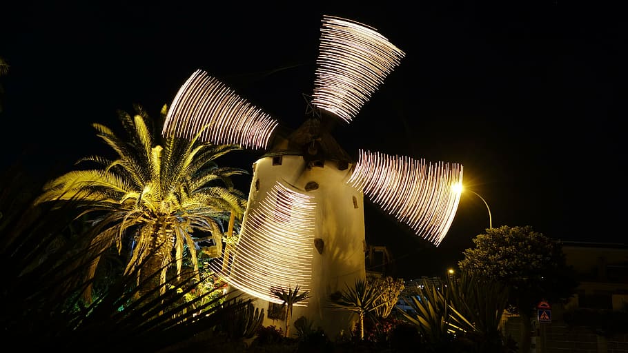 windmill, long exposure, night, illuminated, architecture, no people HD wallpaper