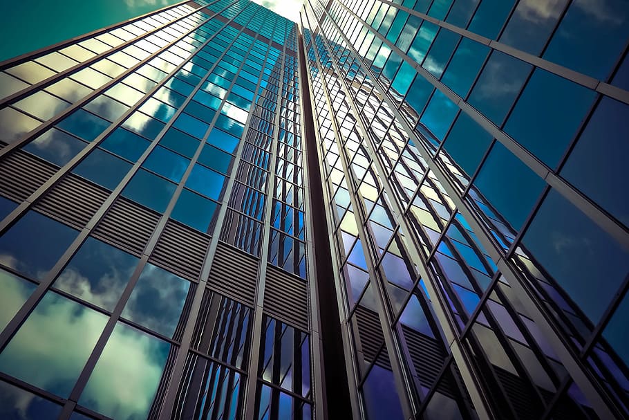 worm's eye view of buildings, architecture, skyscraper, glass facades, HD wallpaper